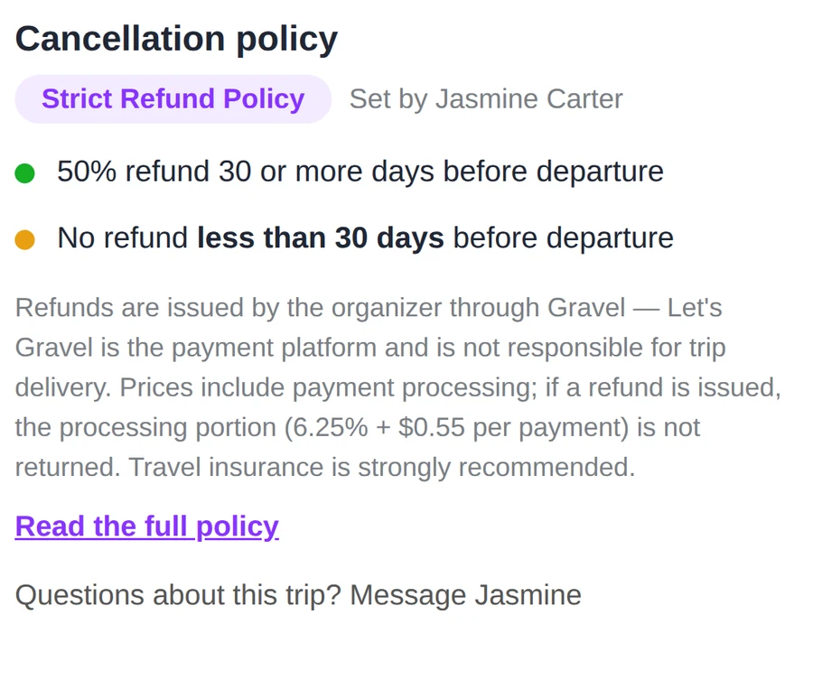 Cancellation policy on the trip page — Strict Refund Policy set by the organizer