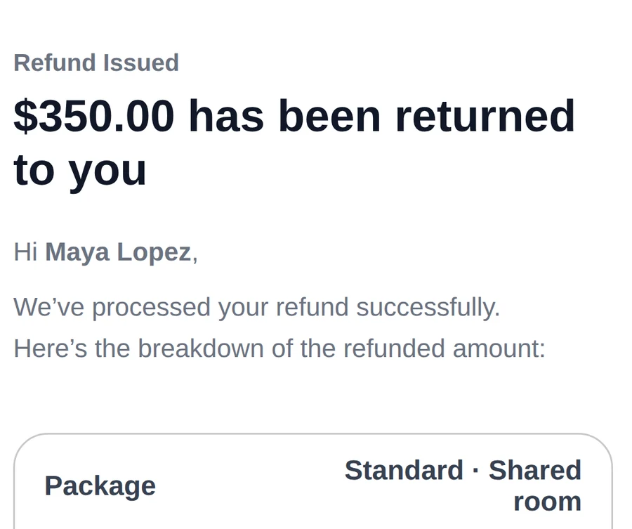 Refund issued email — $350.00 has been returned to you