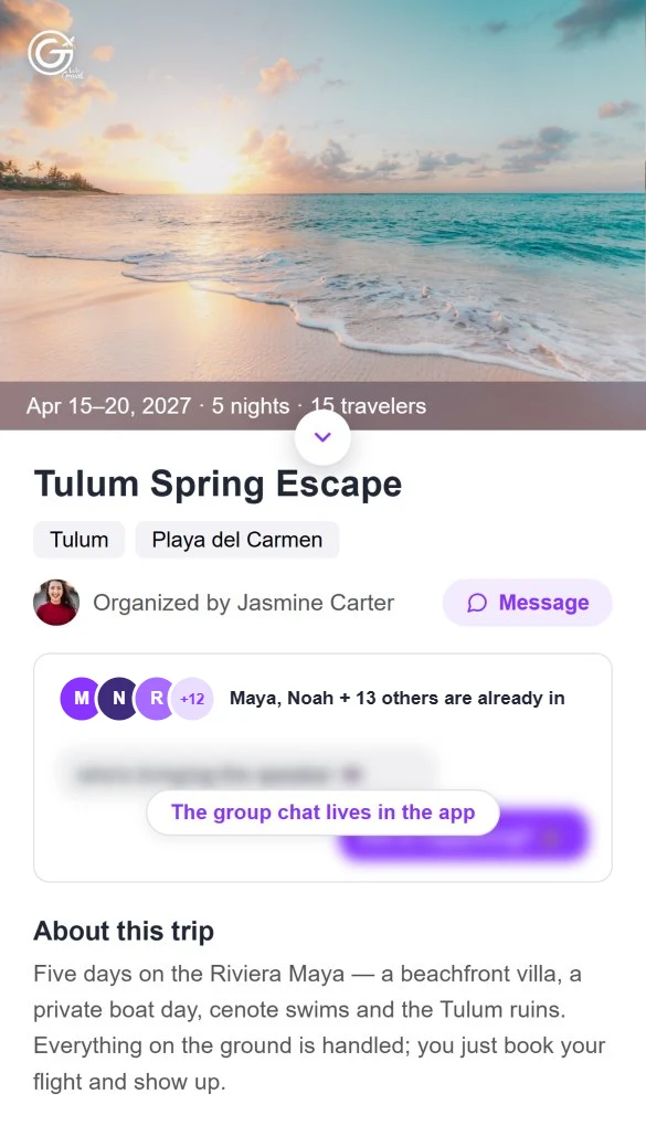 Let's Gravel trip page — Tulum Spring Escape, organized by Jasmine Carter, Reserve your spot